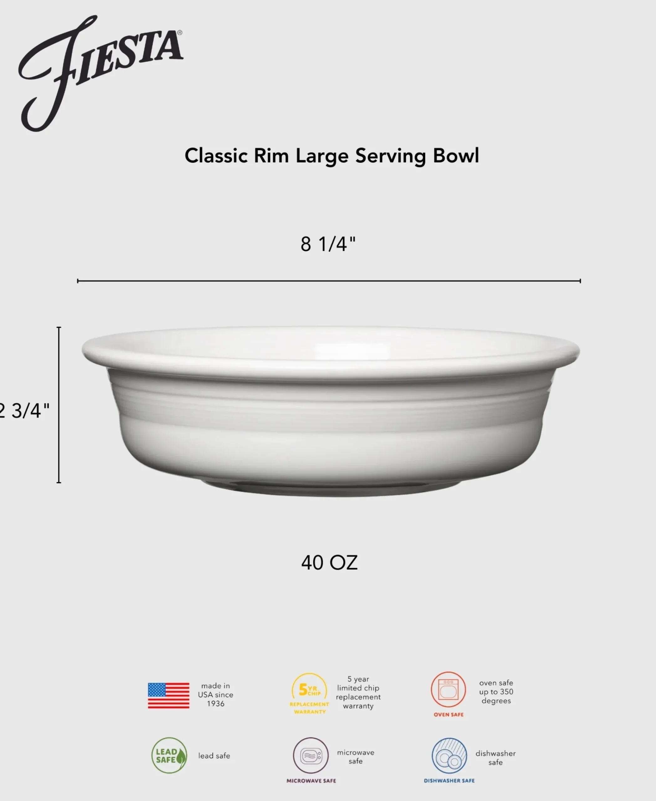 Classic Rim 10 1/2 Inch Extra Large Serving Bowl 80 OZ