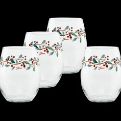 Holly Berry Christmas 15 oz. Stemless Wine Glass – Set of 4