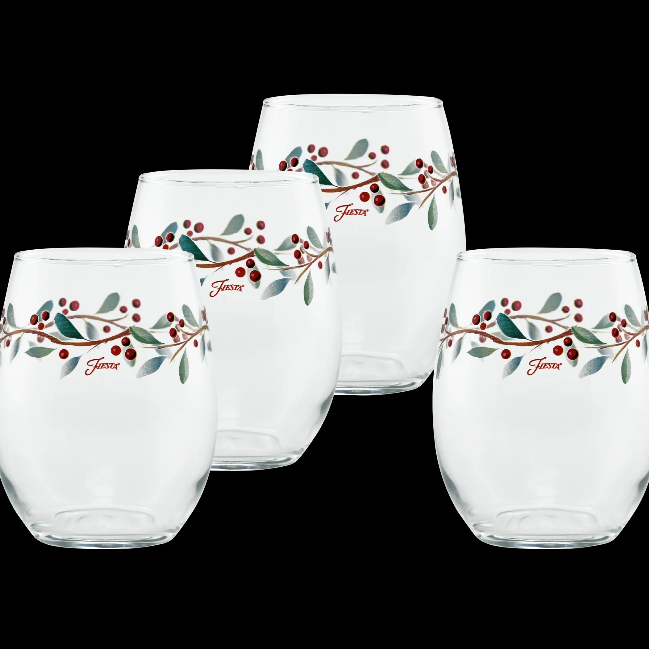Holly Berry Christmas 15 oz. Stemless Wine Glass – Set of 4