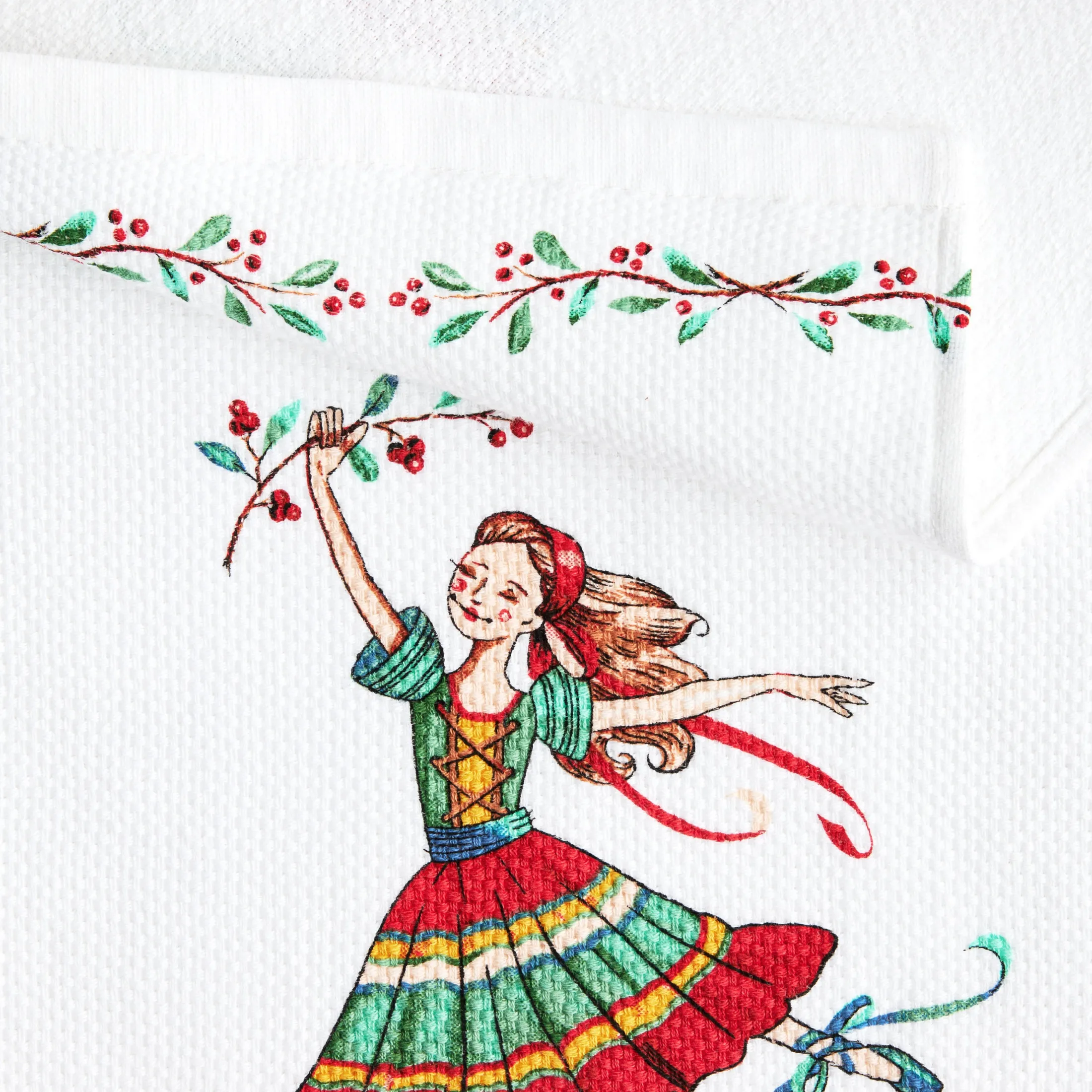 Nutcracker Ballerina Holiday Holly Sprig Kitchen Towel Set